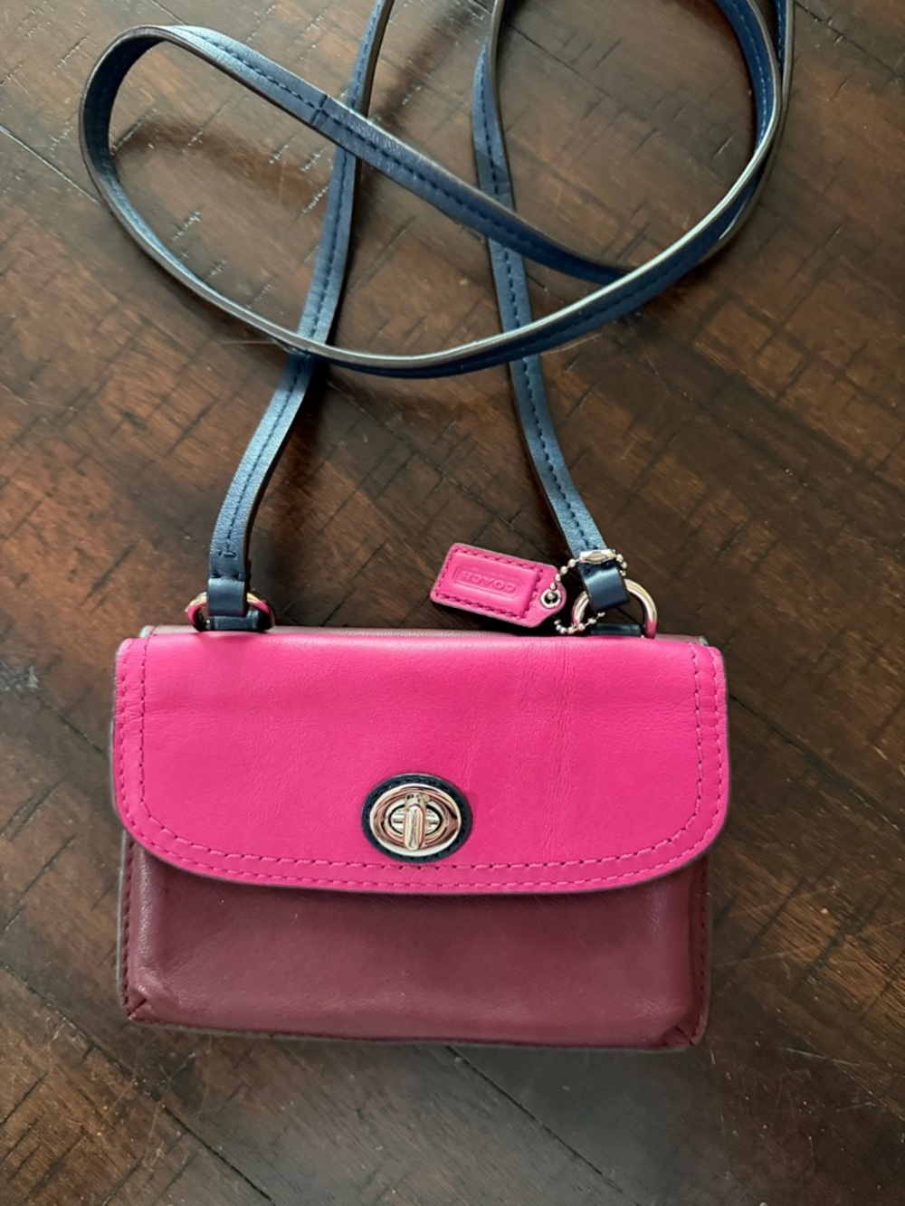 Vintage Coach Three Tone Pink, Burgundy and  Navy Leather Crossbody with  Strap
